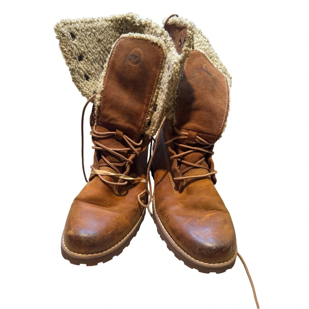Timberland girls Shearling Lined Lace Up Boots Brown‎ Leather Winter Hiking 4